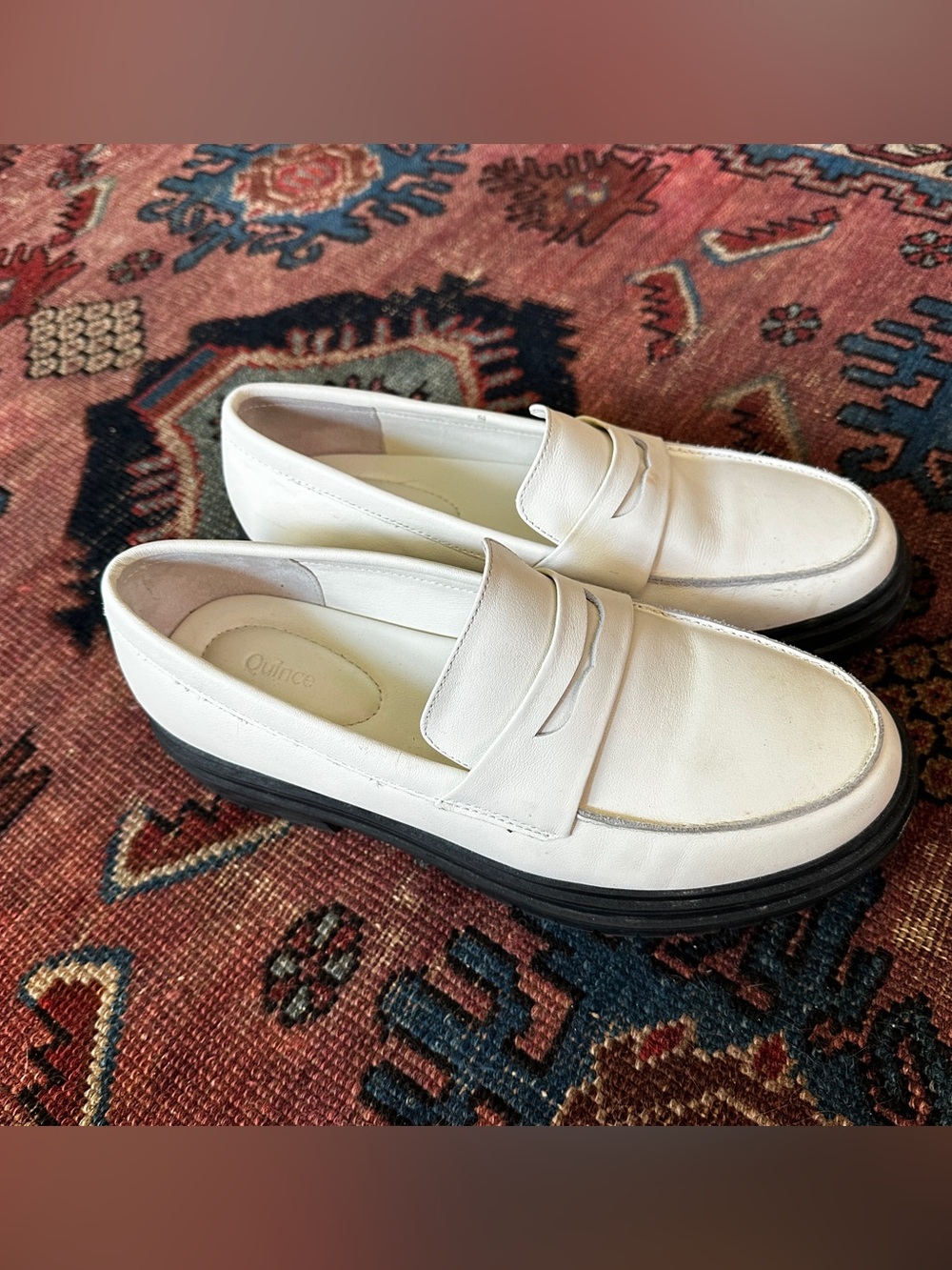 Quince White Leather Penny Loafers with Black Sole